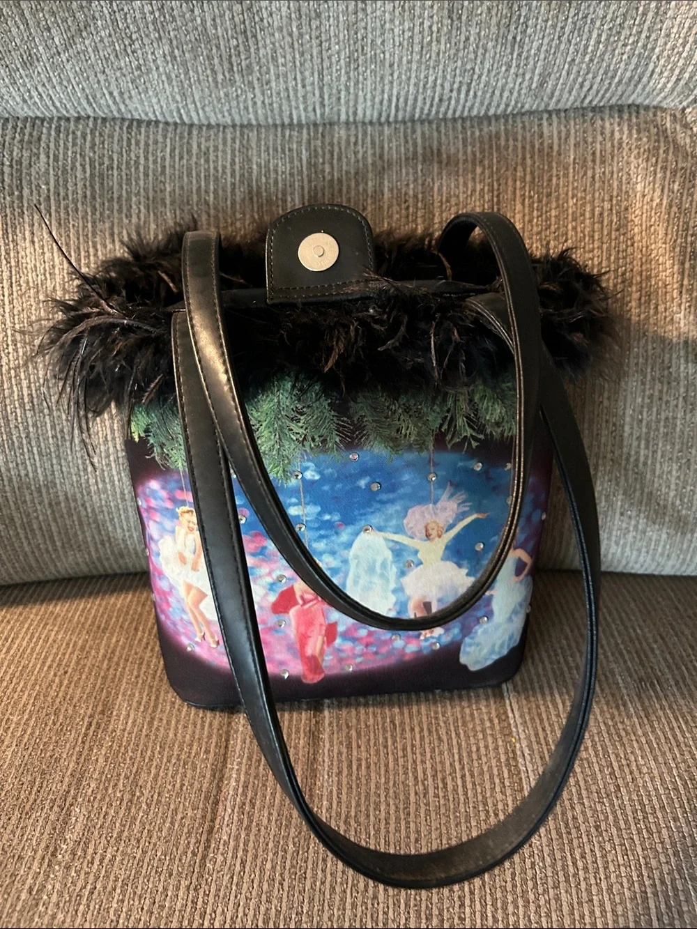 Black Faux-Fur Trim Tote Bag with Colorful Marilyn Monroe